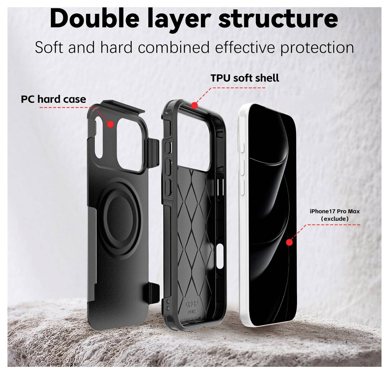 Explodierte Darstellung einer doppelschichtigen Handyhülle mit "PC-Hartschale" und "TPU-Weichschale" für iPhone 17 Pro Max, die kombinierten Schutz zeigt.
