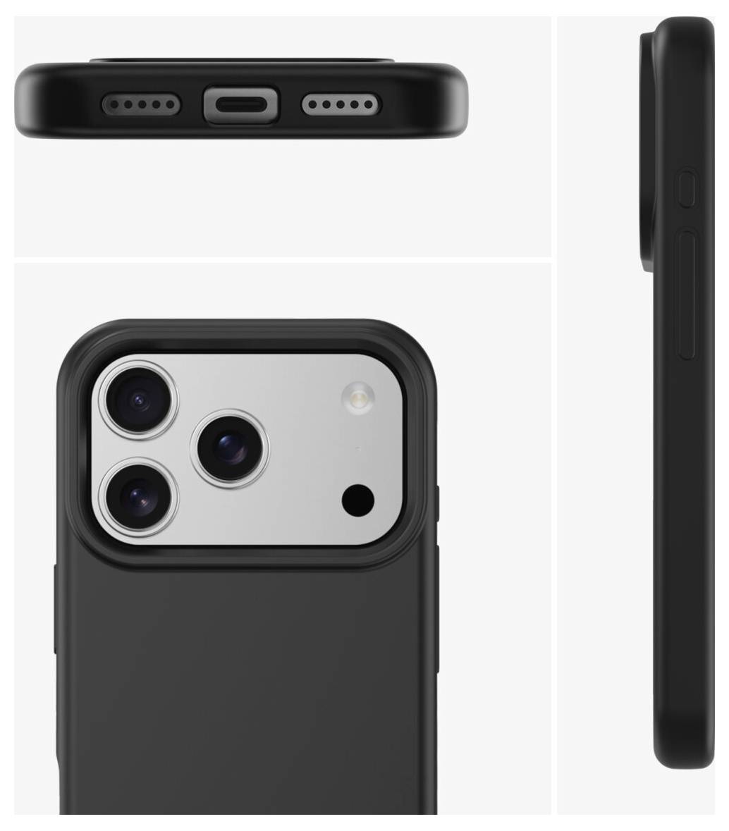 Schwarze Smartphone-Schutzhülle von vorne, hinten, oben und von der Seite gezeigt, mit Kameraausschnitt und Ladeanschluss-Öffnungen.