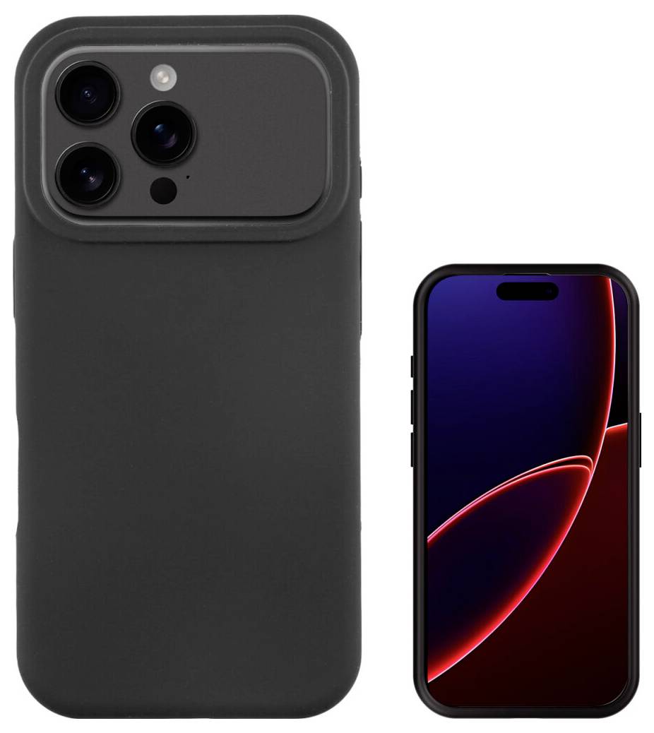 Schwarze iPhone-Hülle neben einem iPhone gezeigt, die den erhöhten Dreifach-Kamera-Ausschnitt und die Bildschirmpassform hervorhebt.