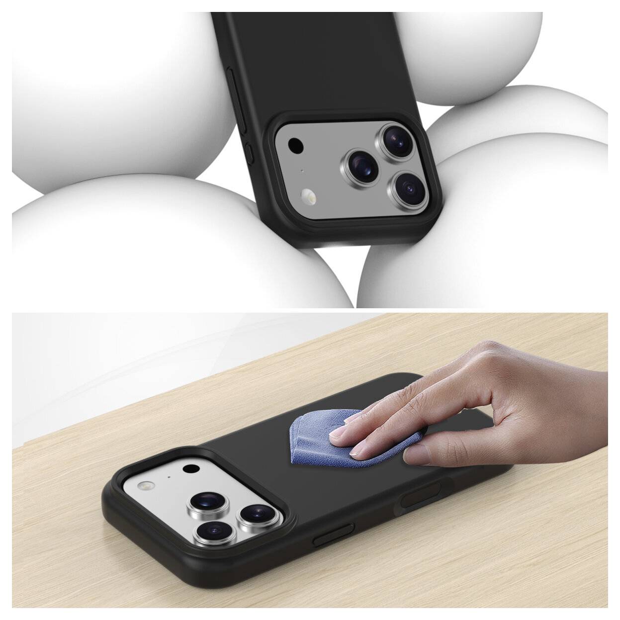 Geteiltes Bild mit einem schwarzen Smartphone in einer Schutzhülle: oben eine Nahaufnahme der dreifachen Kamera auf der Rückseite, unten eine Hand, die die Hülle mit einem Tuch auf einem Tisch reinigt.