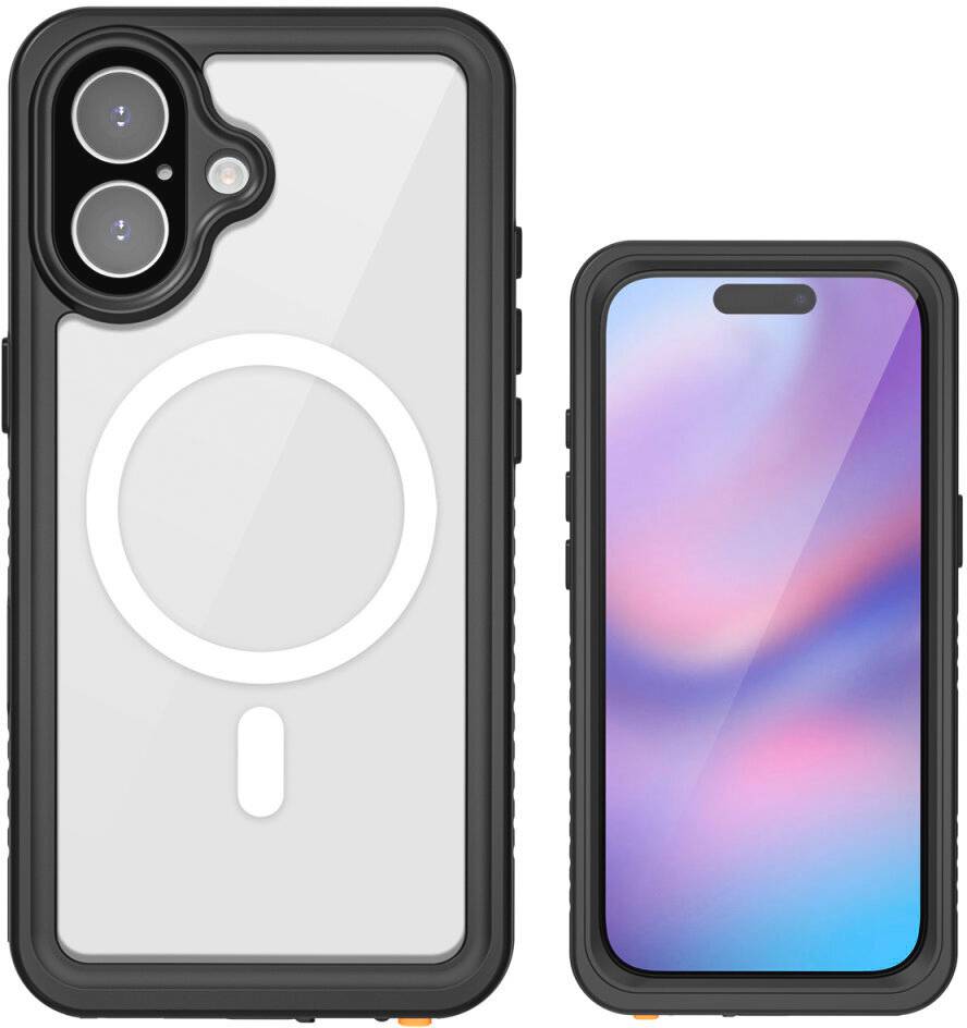Transparente Handyhülle mit MagSafe-Ring und Kameraauschnitt neben einem Smartphone, das einen farbenfrohen Bildschirm anzeigt.