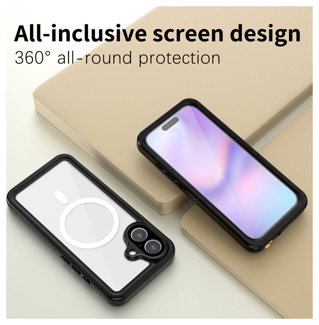 Produktanzeige mit zwei schwarzen Handyhüllen auf beigen Blöcken mit dem Text „All-inclusive Bildschirmdesign" und „360° Rundumschutz".