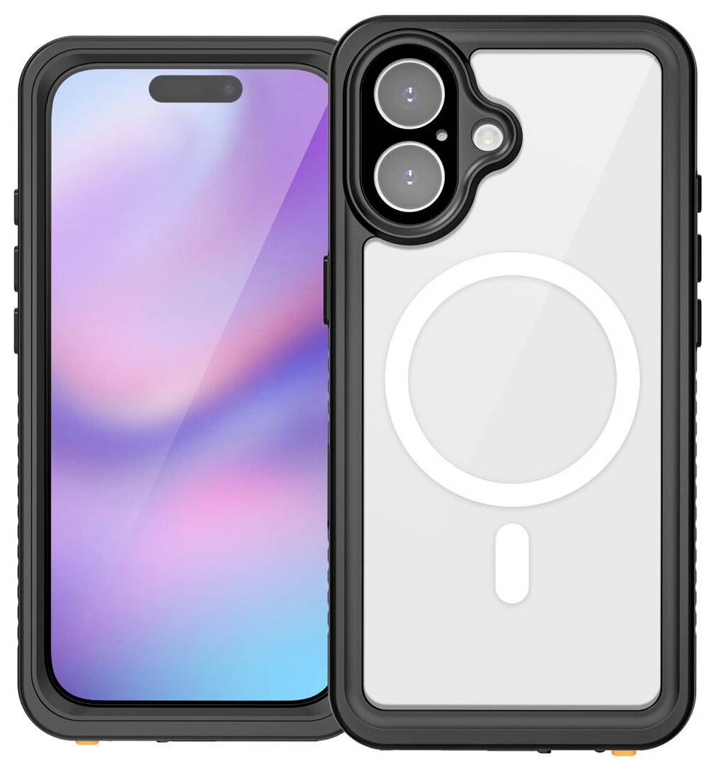 Zwei schwarze robuste Smartphone-Hüllen, von vorne und hinten gezeigt; die hintere Hülle hat einen durchsichtigen MagSafe-Ring und einen großen Dual-Kamera-Ausschnitt.