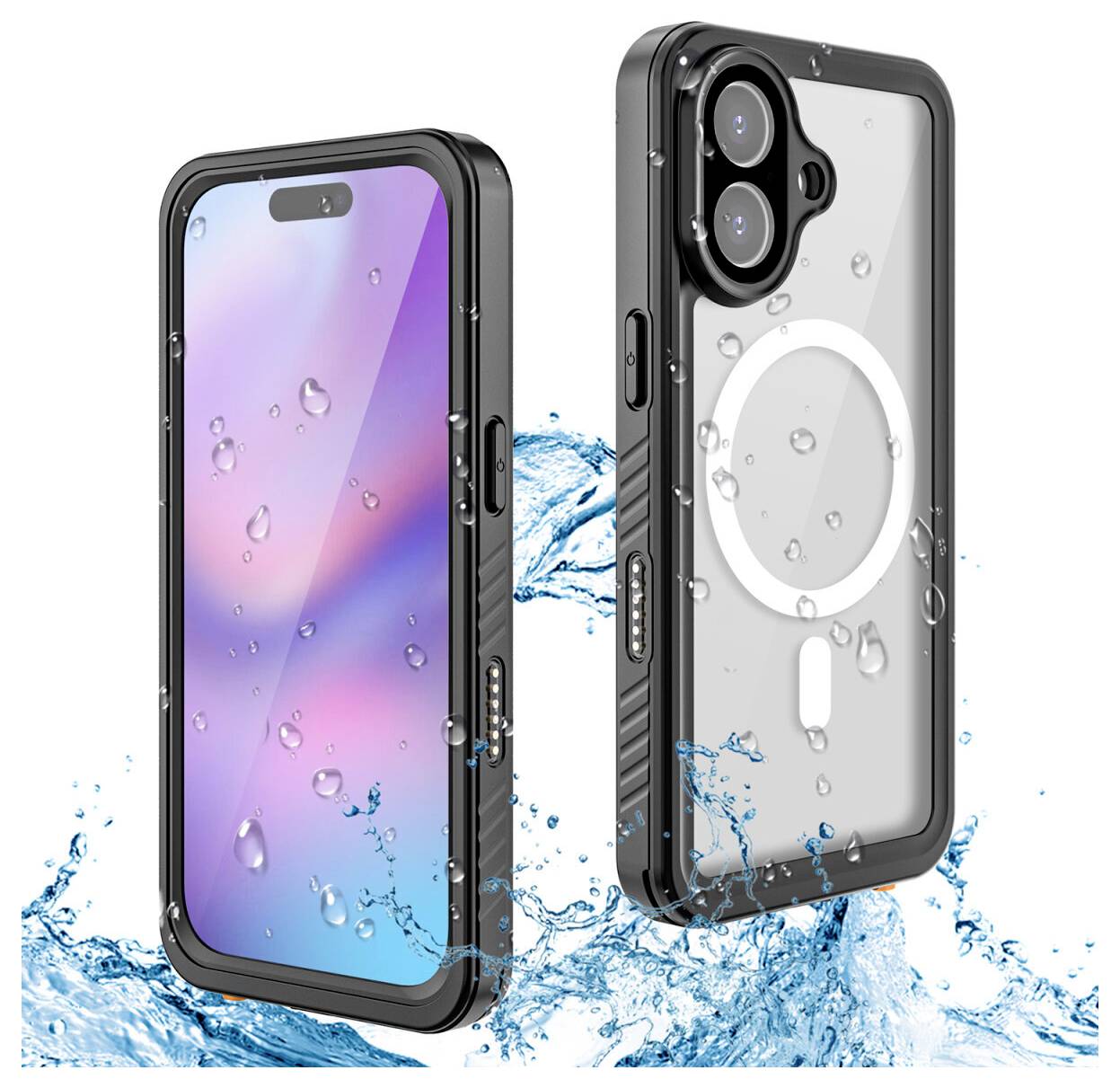 Zwei Ansichten eines wasserdichten Smartphone-Gehäuses mit transparenter Rückseite und schwarzem Stoßschutz, das ins Wasser spritzt, um den Schutz hervorzuheben.