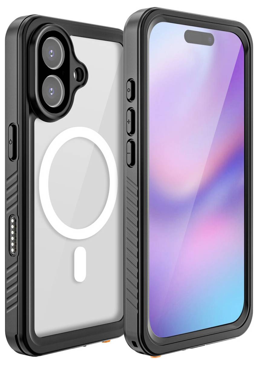Zwei Ansichten eines Smartphones in einer robusten schwarzen Schutzhülle, die den vorderen Bildschirm und die Rückseite mit Doppelkameras und MagSafe-Ring zeigen.