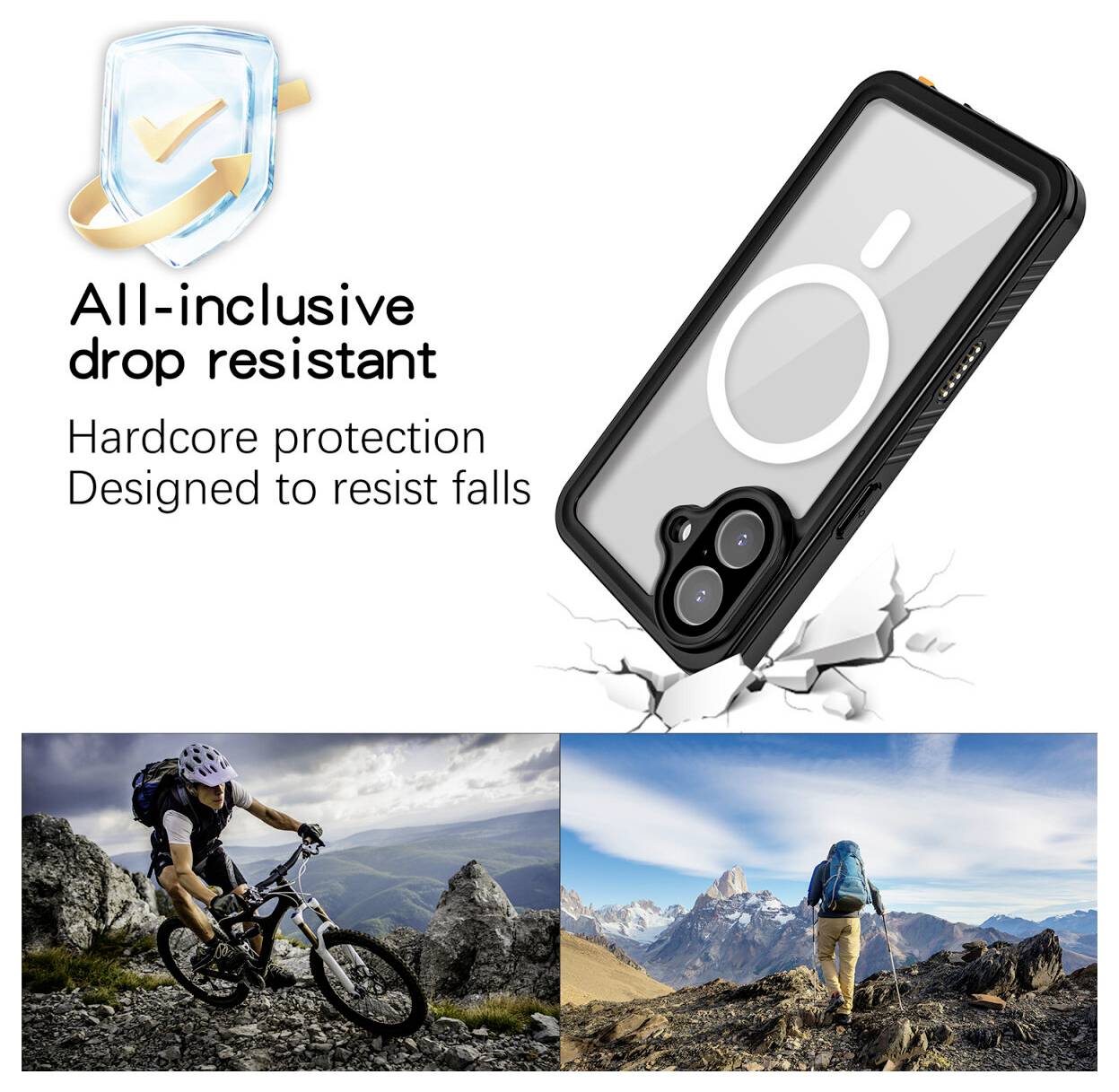 Schutzhülle für Telefone mit „Fallschutz umfassend" und „Robuster Schutz – Konstruiert um Stürze zu widerstehen" mit einem Telefon, das einen Sturz übersteht; Mountainbike- und Wanderszenen unten.