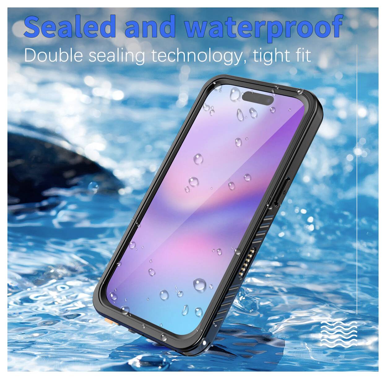 Wasserdichtes Smartphone-Etui, das teilweise ins Wasser getaucht ist, mit dem Text „Versiegelt und wasserdicht" und „Doppelte Versiegelungstechnologie, enge Passform".