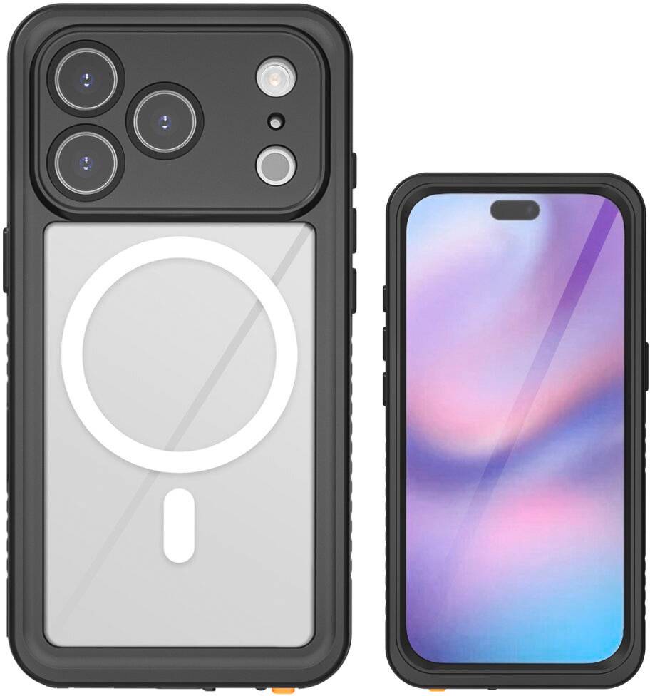 Zwei nebeneinander angeordnete Smartphones: Das linke zeigt die Rückseite mit einem MagSafe-ähnlichen Ladering und einem dreifachen Kamera-Cluster, das rechte zeigt den vorderen Bildschirm.