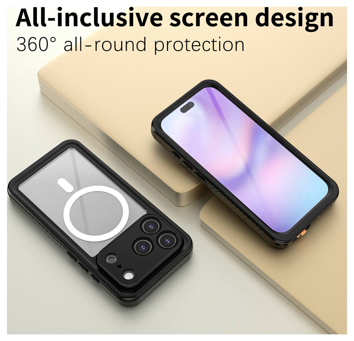 Werbebild von zwei schwarzen Handyhüllen mit vollständigem Displayschutz, mit dem Text „All-inclusive Screendesign" und „360° Rundumschutz".
