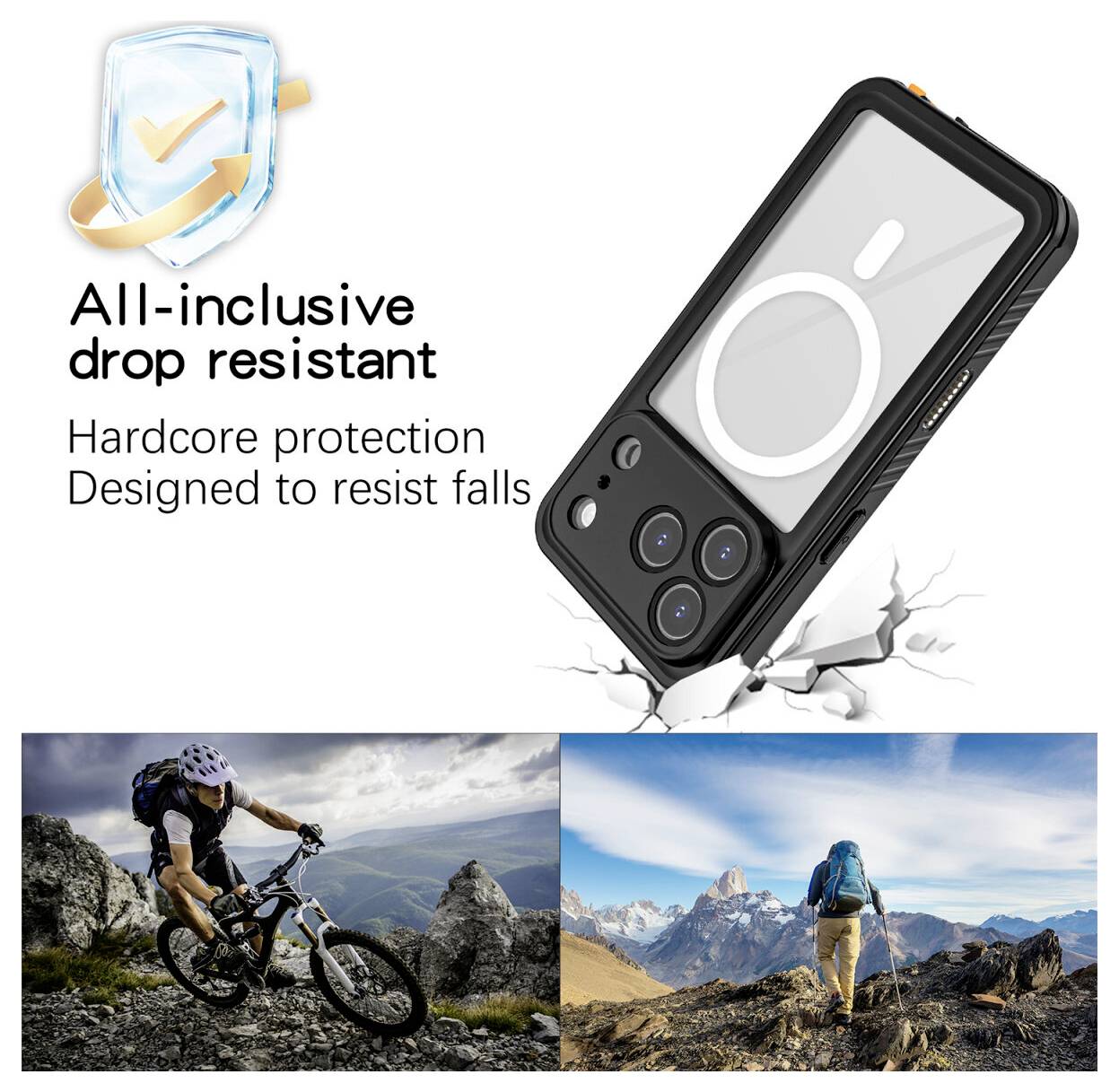 Werbegrafik für eine robuste Handyhülle: „Umfassend fallresistent" und „Extreme Schutzfunktion – Entwickelt, um Stürze zu widerstehen", mit einem Telefon, das über gerissenen Boden fällt, und Outdoor-Abenteuerfoto unten.