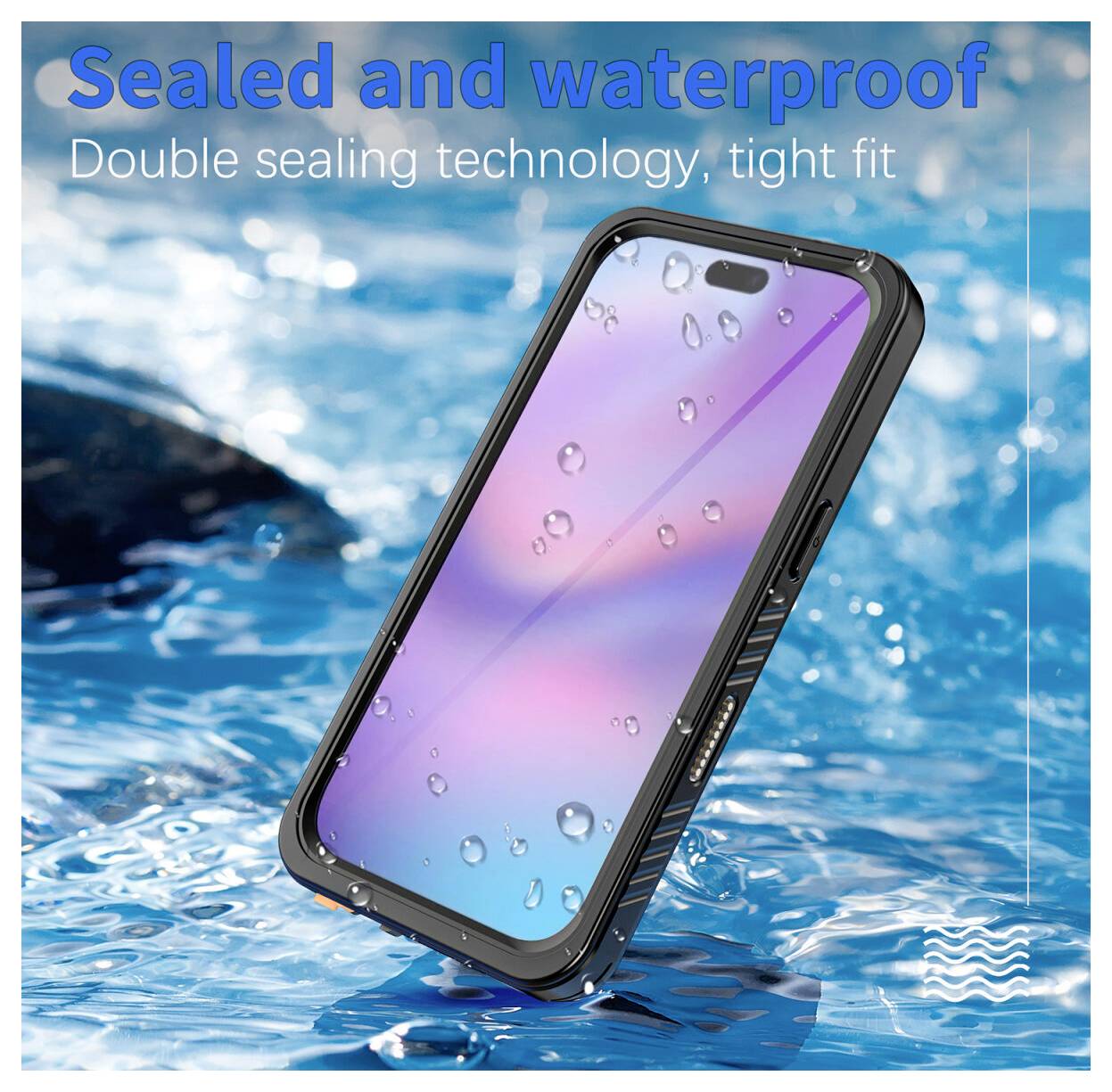 Wasserdichte Smartphone-Hülle schwimmend im Wasser, mit Text „Versiegelt und wasserdicht" und „Doppelte Versiegelungstechnologie, perfekte Passform".