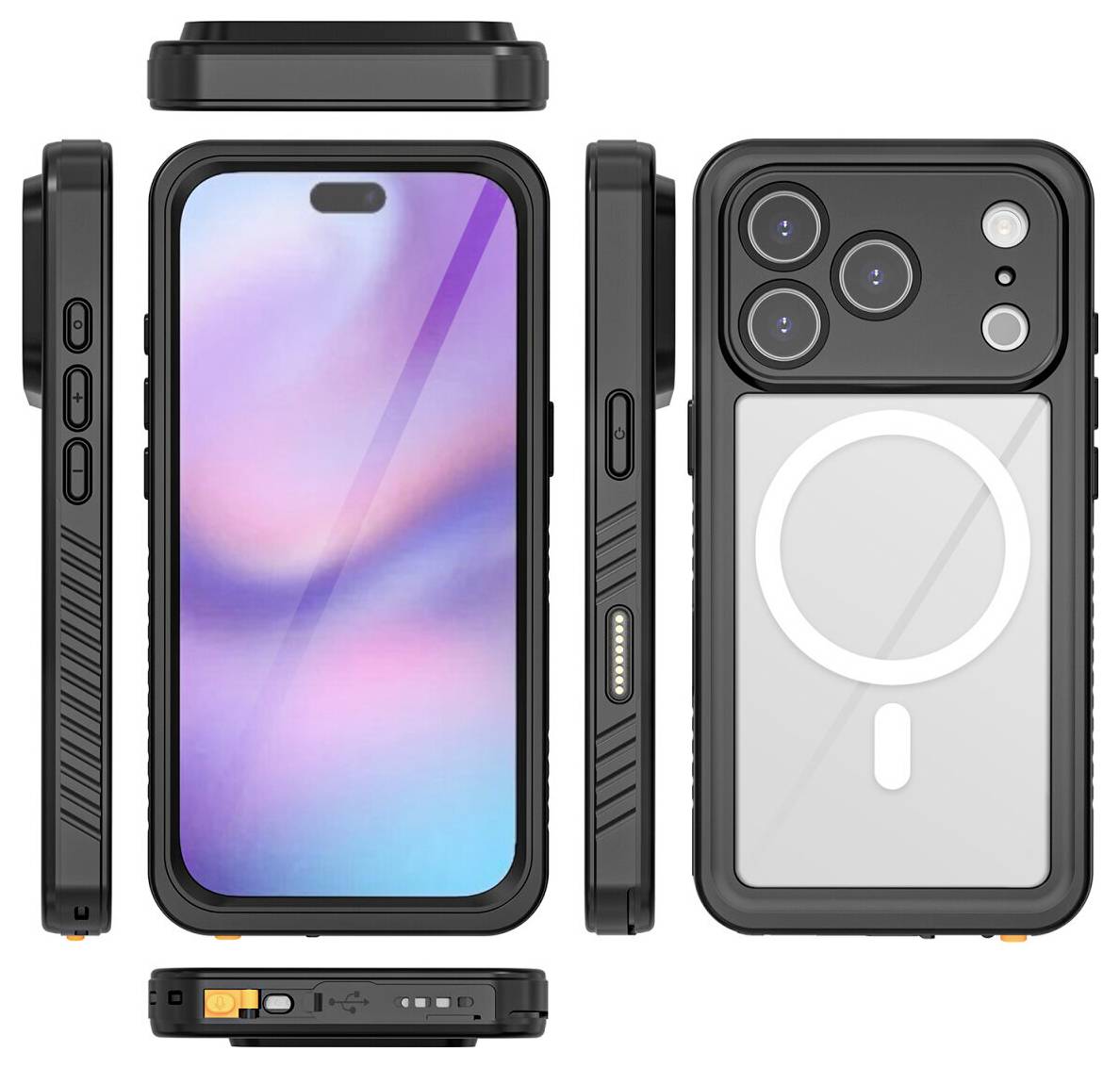 Schwarze robuste Smartphone-Hülle, gezeigt von vorne, hinten, von der Seite und von unten mit erhöhtem Kamerasschutz und MagSafe-ähnlichem Ring auf der Rückseite.