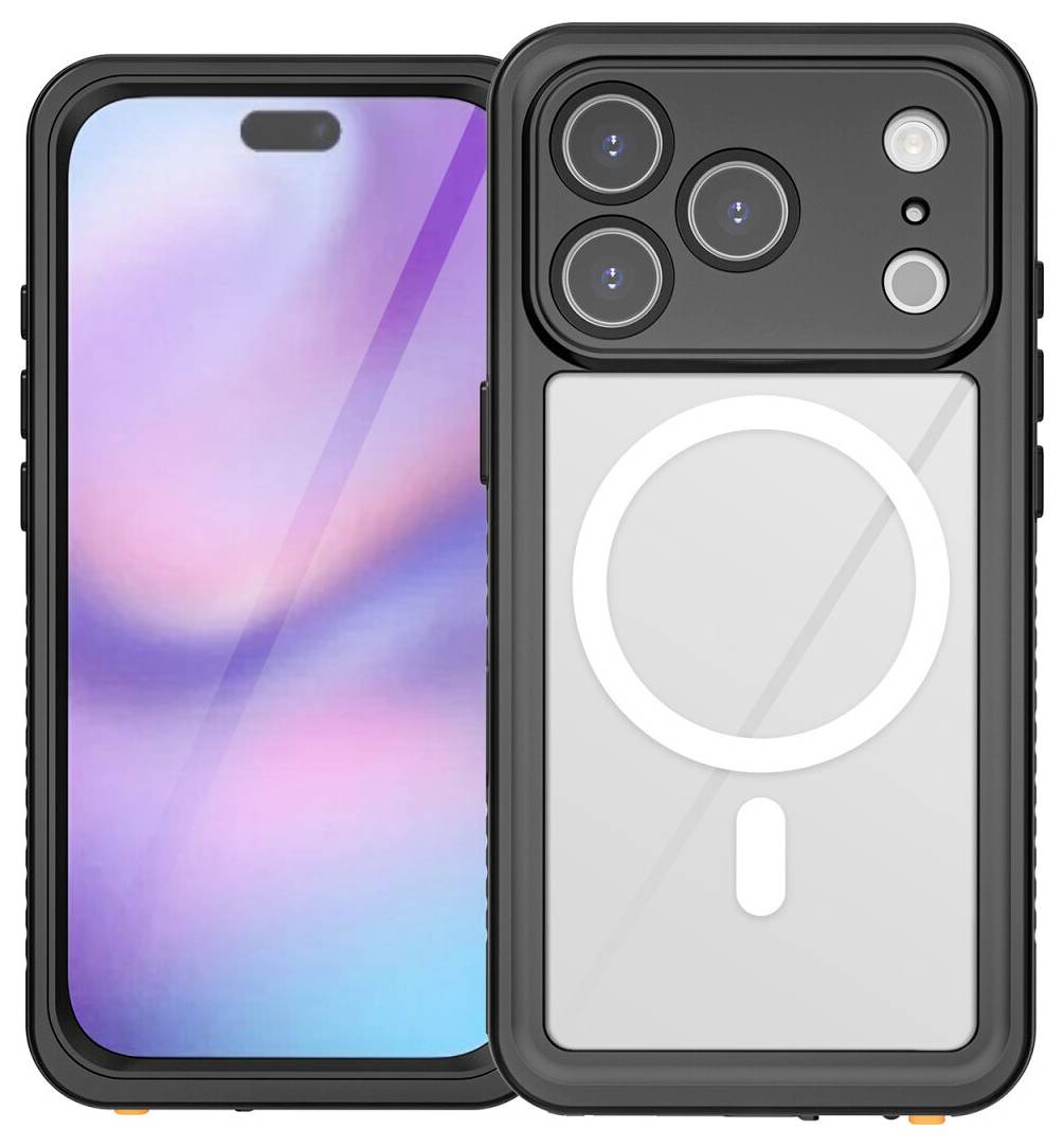 Zwei Ansichten eines Smartphones in einer schwarzen Schutzhülle: Frontdisplay mit Dynamic Island und Rückseite mit dreifacher Kameralinsenanlage und MagSafe-Ring.