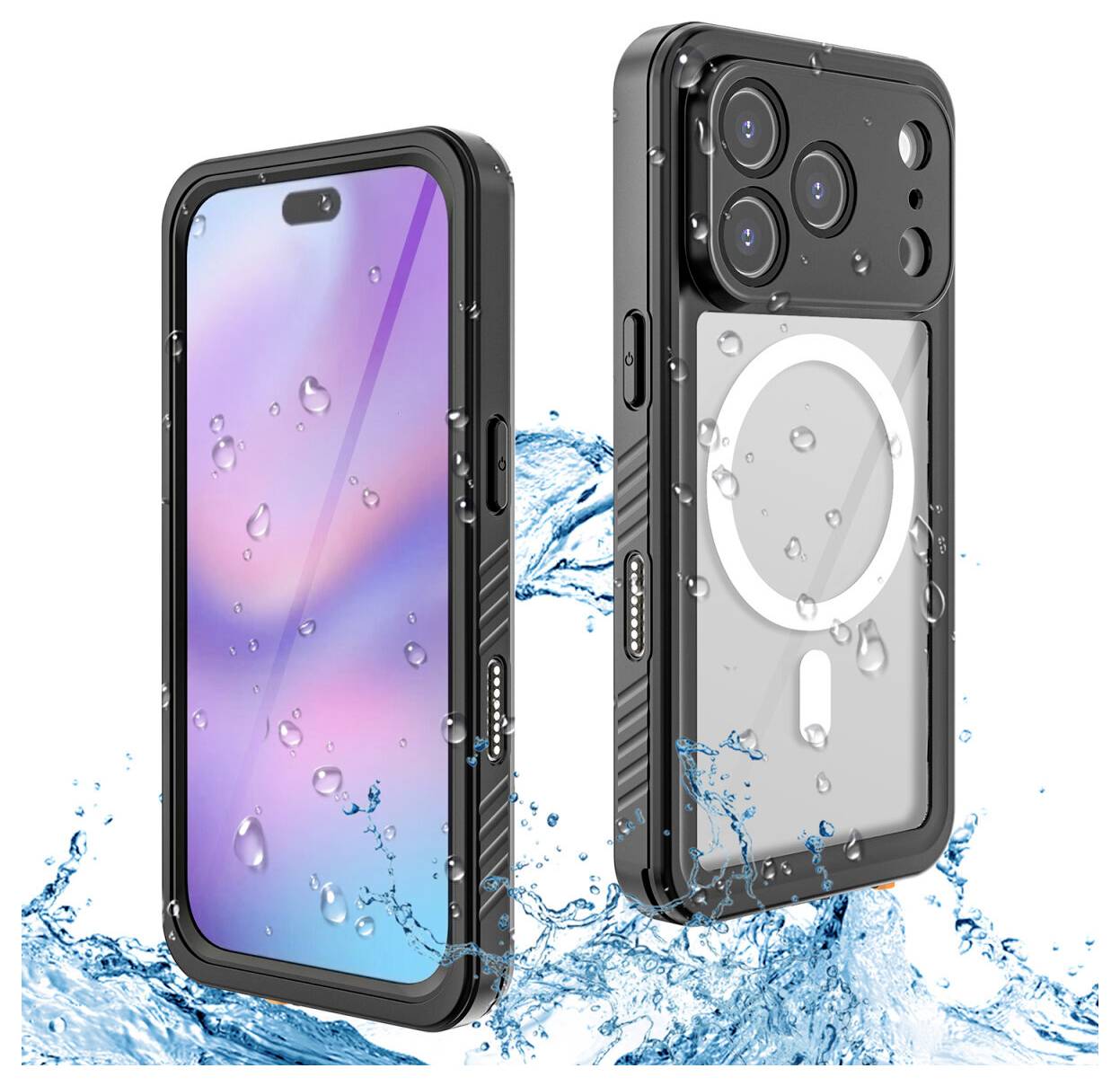 Zwei Ansichten einer wasserdichten Smartphone-Schutzhülle: Vorderseite mit Bildschirm und Rückseite mit MagSafe-ähnlichem Ring und erhöhtem Kamerachutz, gezeigt mit Wasserspritzern.
