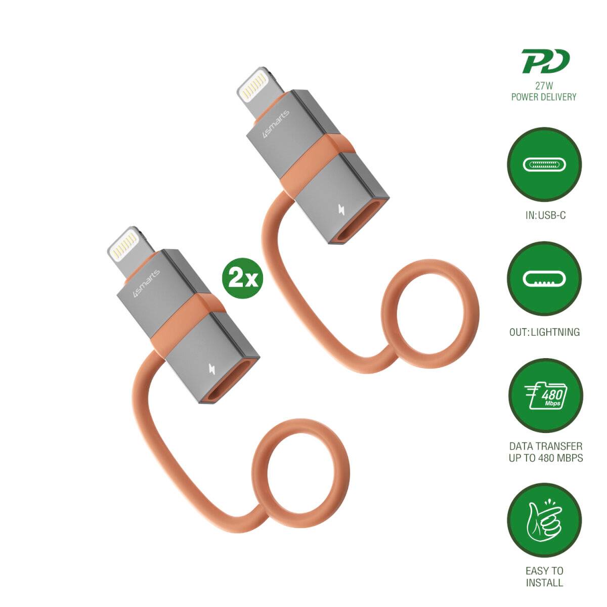Produktgrafik mit zwei orangefarbenen USB-C-auf-Lightning-Adapterkabeln, gekennzeichnet mit 