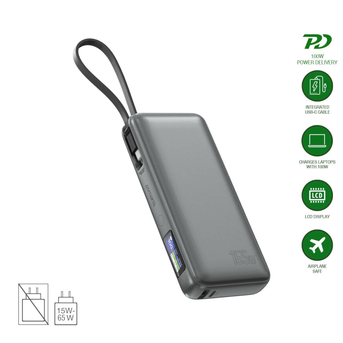 Grauer tragbarer Power Bank mit integriertem USB-C-Kabel und LCD-Display, gekennzeichnet mit 100W Power Delivery und 165W Kapazität.