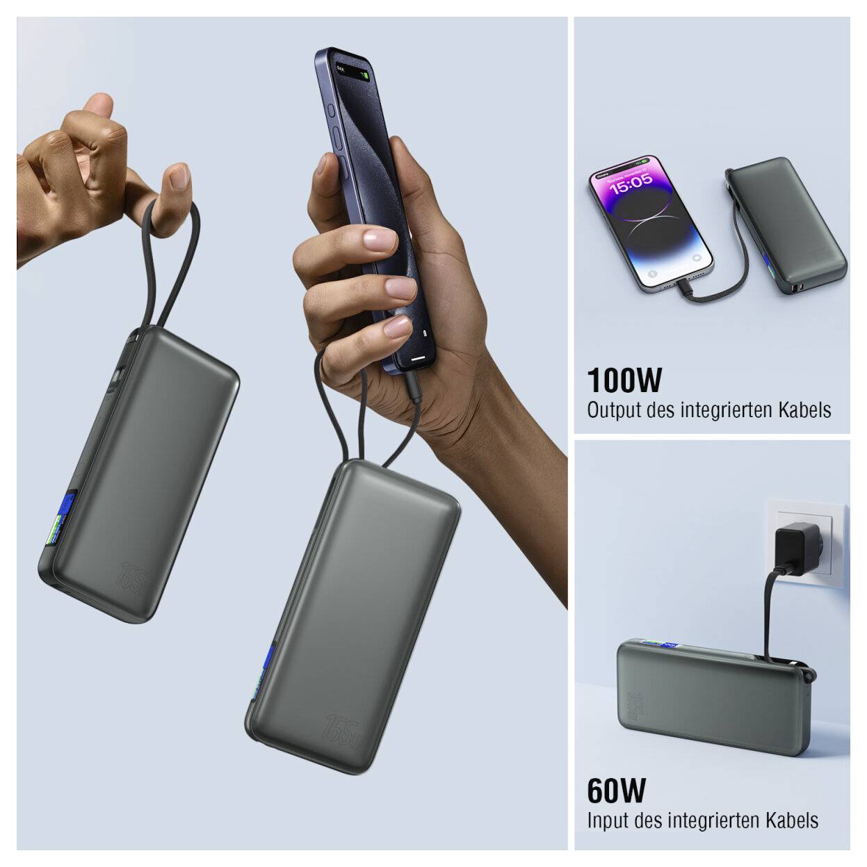 Werbegrafik eines tragbaren Powerbanks mit integriertem Kabel, das eine 100-W-Ausgabe und 60-W-Eingang zum Laden eines Telefons und des Akkupacks zeigt.