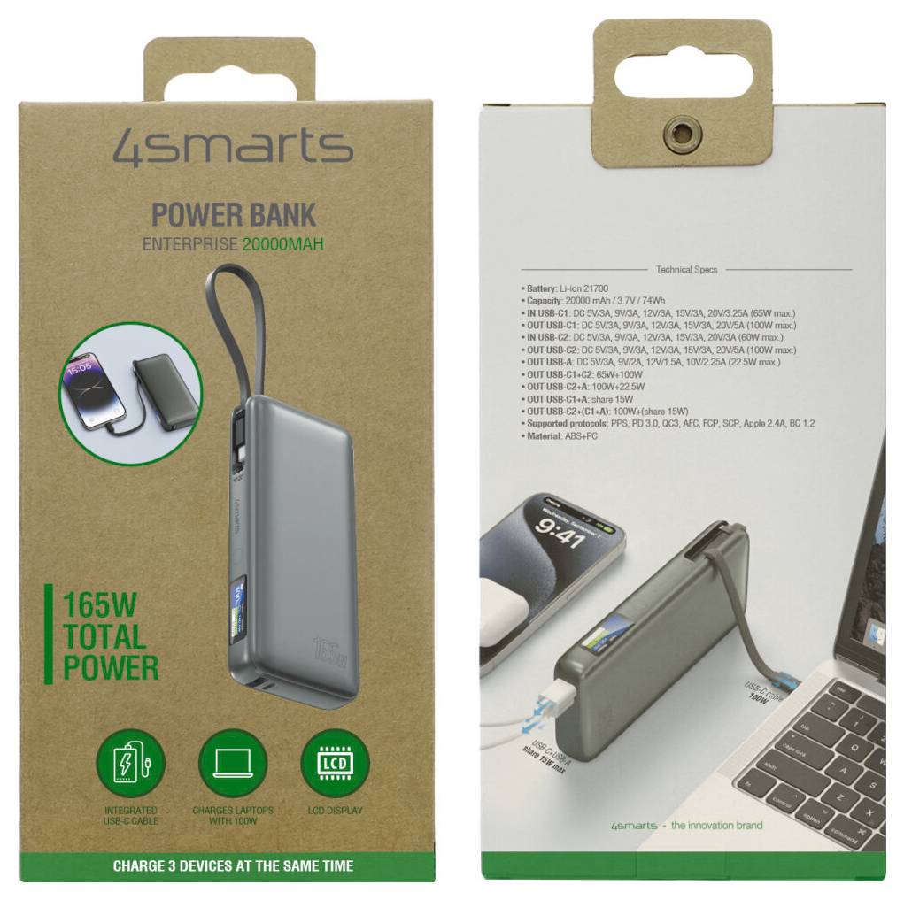 4smarts 20.000mAh Powerbank-Verpackung, zeigt ein graues tragbares Ladegerät mit integriertem Kabel, LED-Display, 165W Gesamtleistung und gleichzeitiges Laden von drei Geräten.
