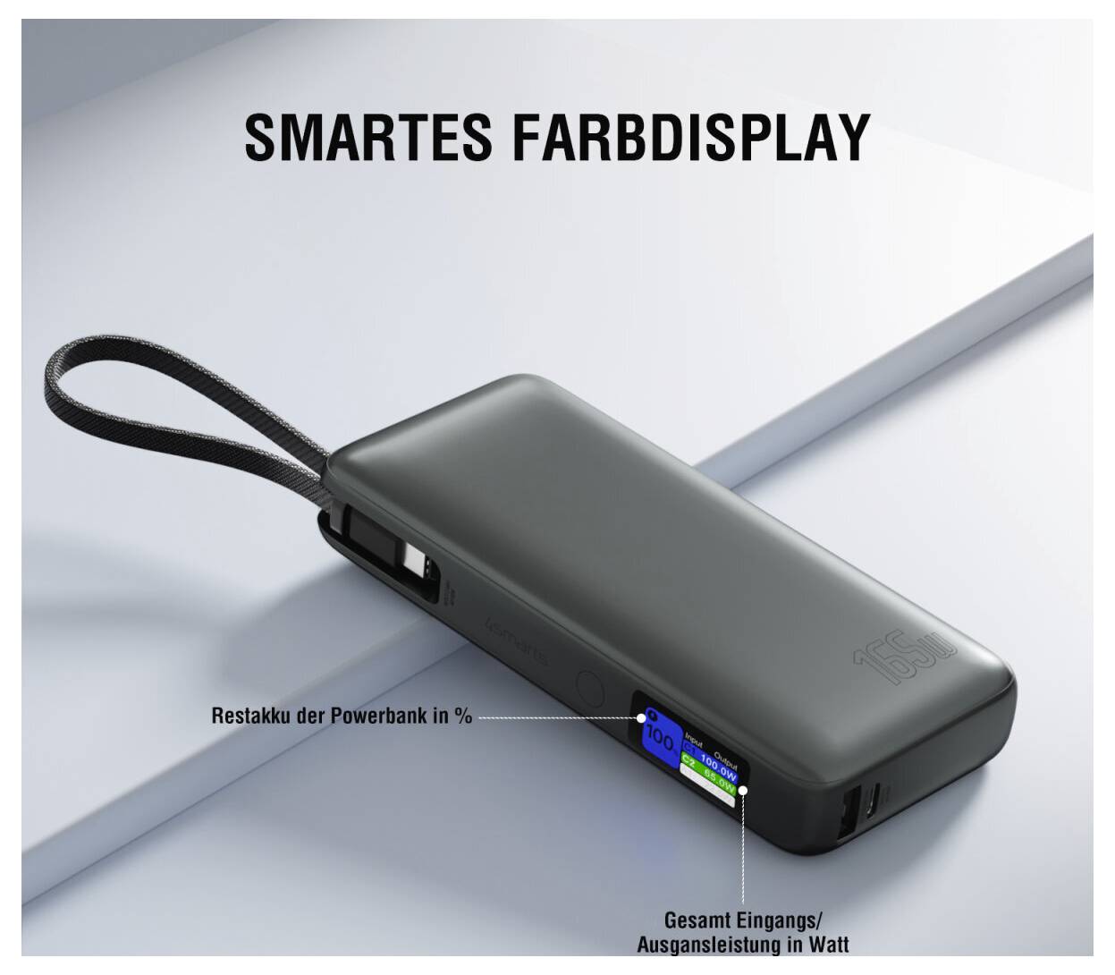 Intelligente Powerbank mit farbigem Display mit kleinem Farbbildschirm, der die verbleibende Batterieleistung und die Ein-/Ausgangsleistung in Watt anzeigt.