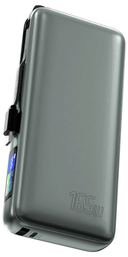 Tragbare 165-W-Powerbank in Dunkelgrau mit Seitengurt und sichtbaren Ladeanschlüssen.