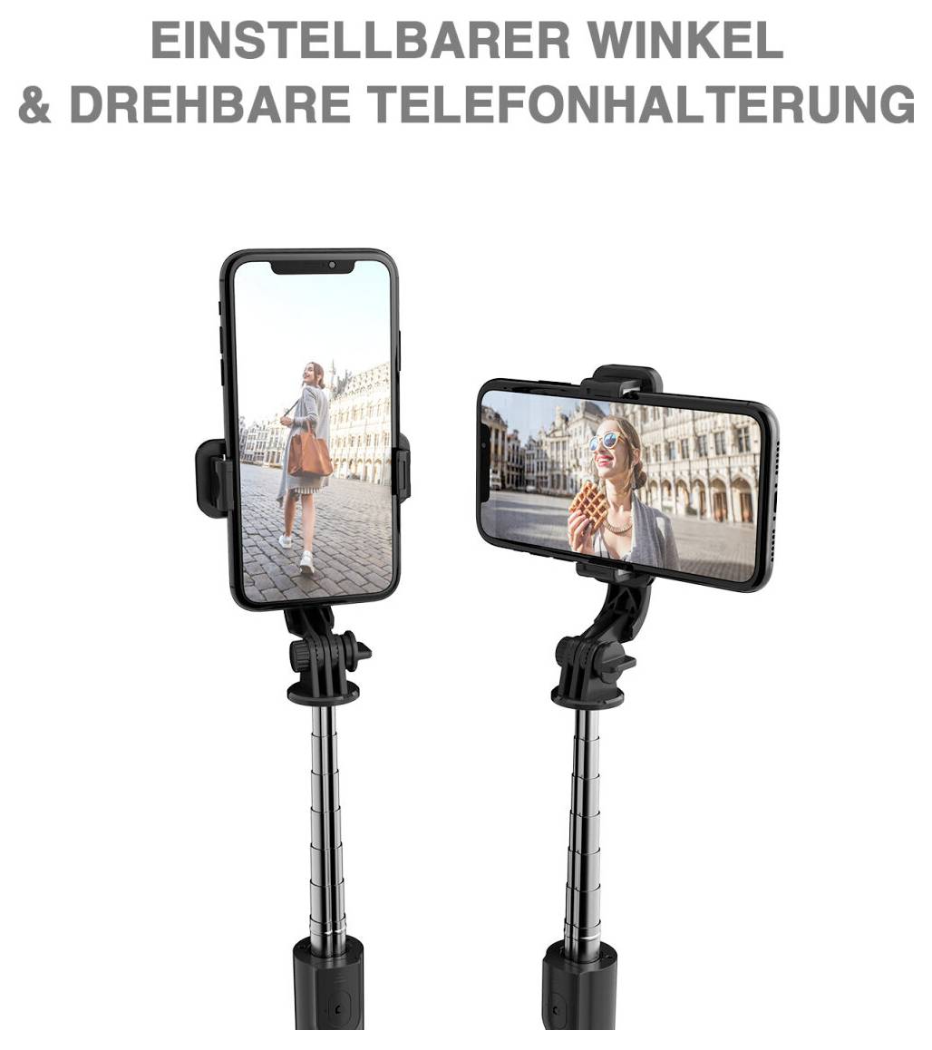 Telefonhalter mit verstellbarem Winkel und 360-Grad-Rotation, gezeigt in aufrechter und Querformatposition auf einem Selfie-Stick.