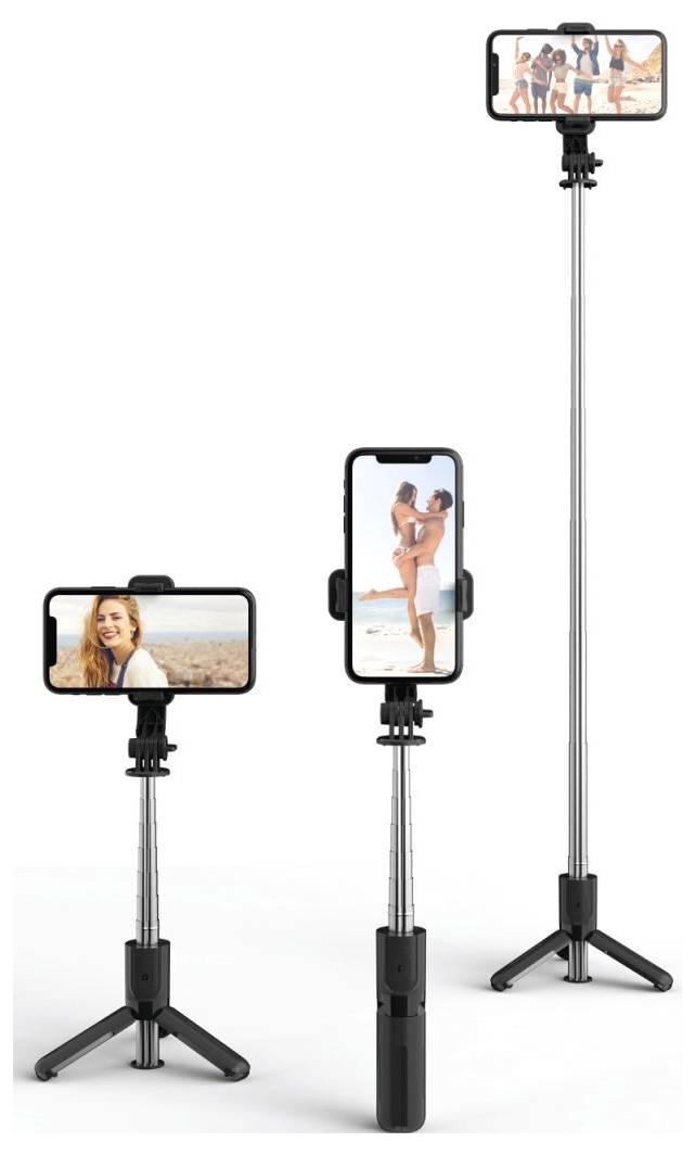 Drei Smartphones auf verstellbaren Selfie-Sticks/Stativen in verschiedenen Höhen und Positionen, die Foto- und Videoverwendung zeigen.