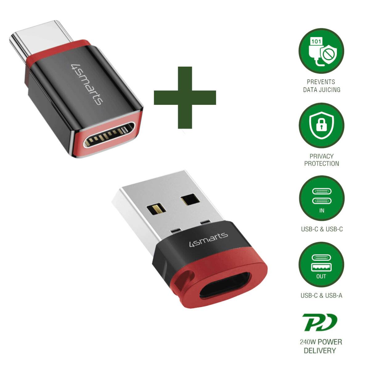 USB-C zu USB-C und USB-C zu USB-A Adapterset mit Symbolen für Datenblockierung, Datenschutz und 240W Stromversorgung.