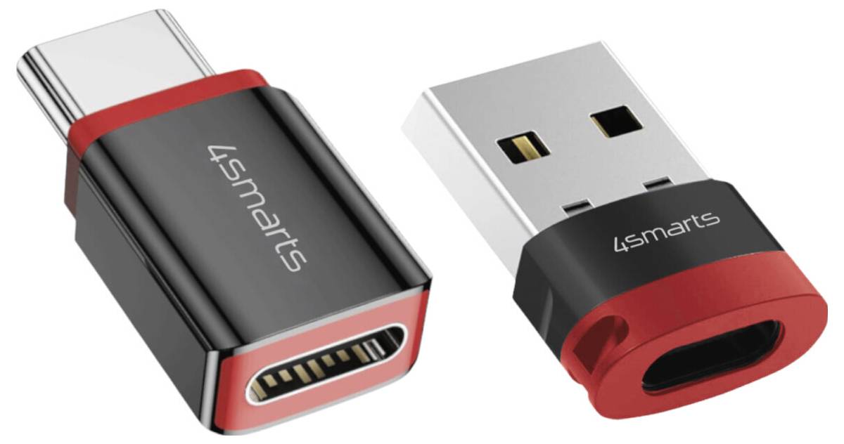 Zwei Ansichten eines USB-C-Adapters mit schwarzer und roter Gehäuseoberfläche, zeigt USB-C- und USB-A-Enden, Marke '4smarts'.