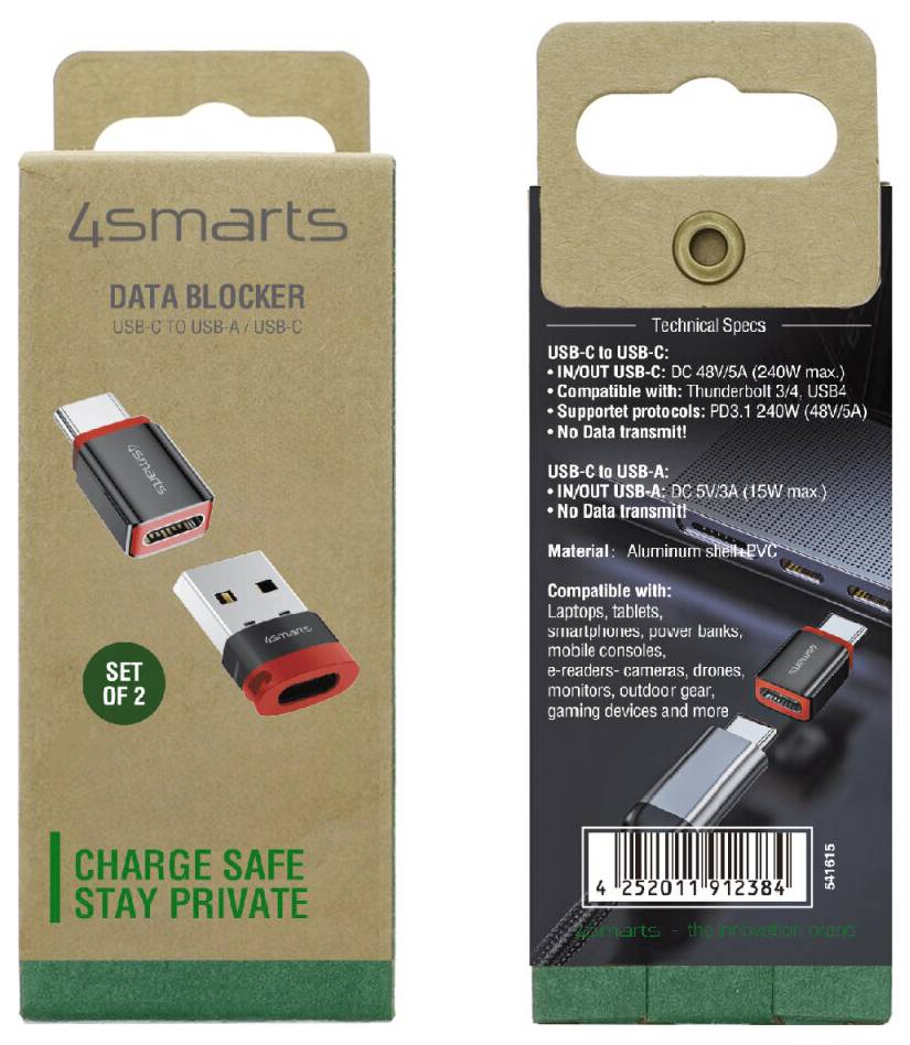 Verpackung für einen 4smarts Datenblocker mit zwei USB-C zu USB-C und USB-C zu USB-A Adaptern mit der Aufschrift „Sicher laden, privat bleiben.