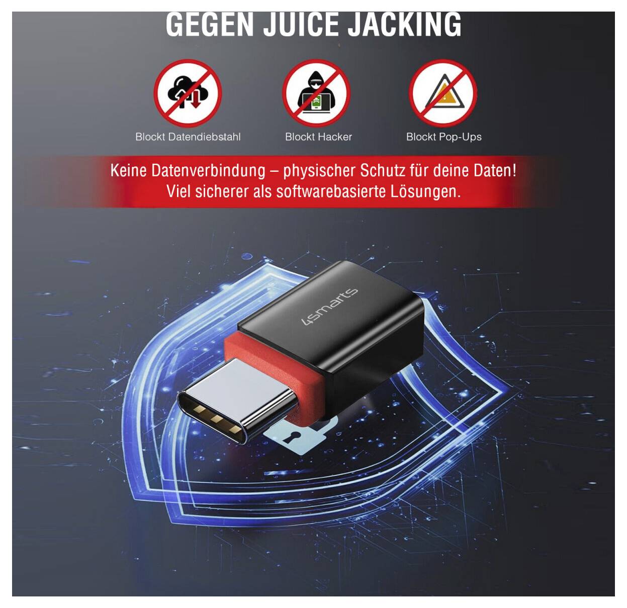 # Promotion für USB-Datenschutz-Blocker**GEGEN JUICE JACKING**Symbole für:- Blockierung von Datendiebstahl- Schutz vor Hackern- Pop-up-BlockierungAbgebildet:- USB-C-Adapter- Schutzschild-Grafik