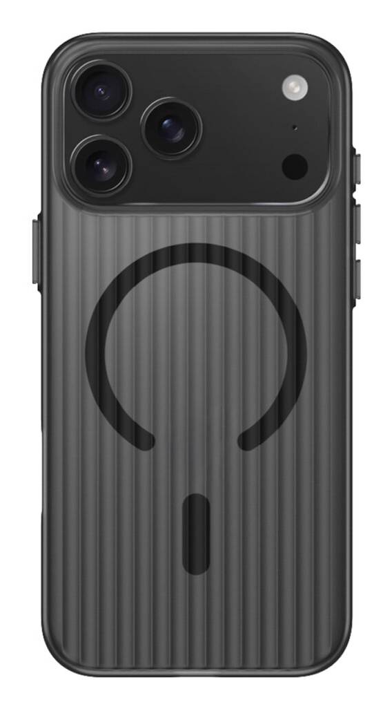 Schwarzes Smartphone-Gehäuse mit drei hinteren Kameraausschnitten und einem kreisförmigen MagSafe-ähnlichen Ring auf der Rückseite.