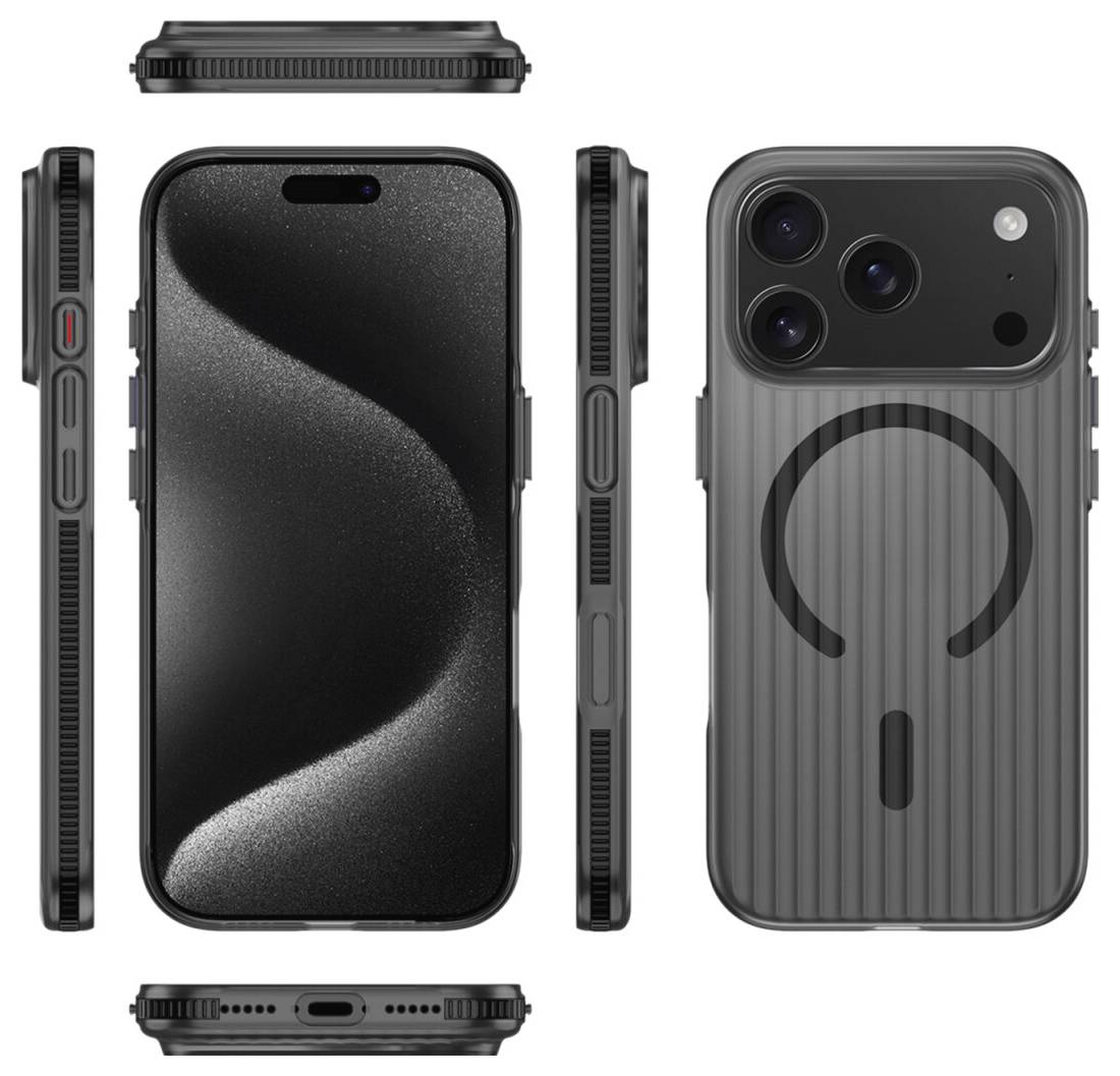 Graues iPhone-Schutzhülle, gezeigt von vorne, hinten, von den Seiten sowie von oben und unten, mit erhöhtem Kameraschutz und einem MagSafe-Ring auf der Rückseite.
