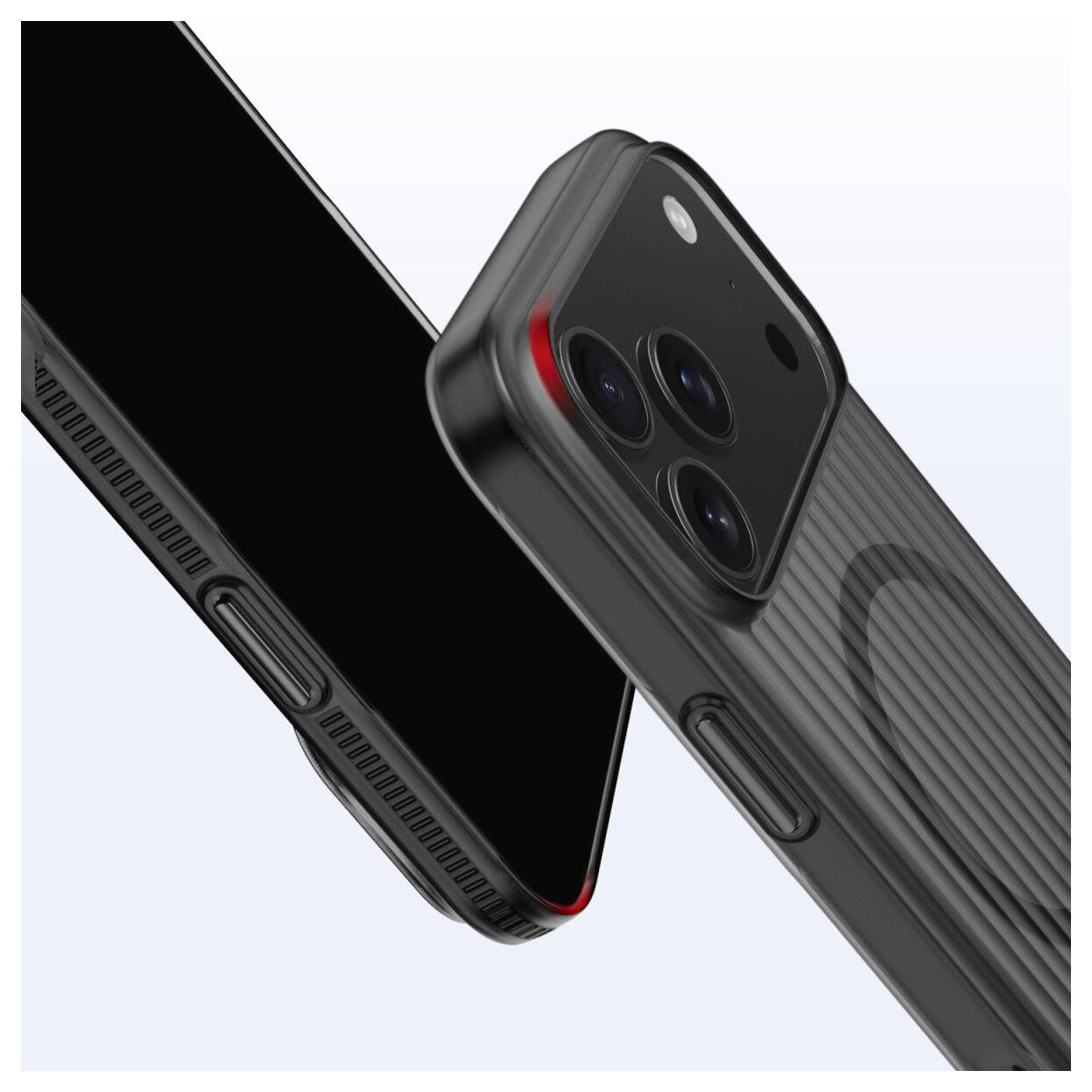 Zwei schwarze Smartphones schräg angeordnet, eines mit Vorderseite und eines mit Rückseite mit Dreifachkamera, beide in strukturierten Schutzhüllen.