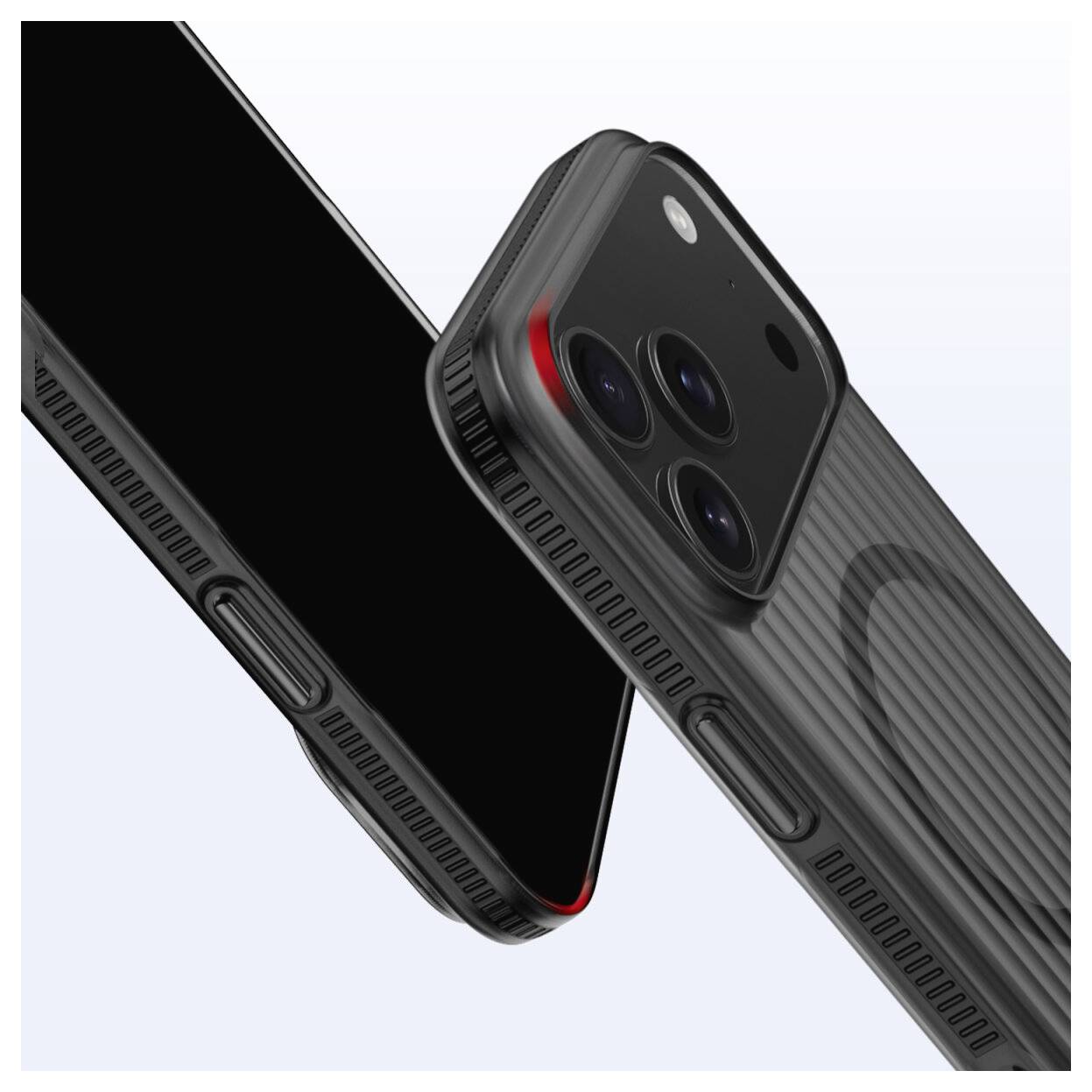 Zwei schwarze Smartphones in robusten Schutzhüllen, diagonal überlappend angeordnet, eines frontal ausgerichtet mit einem Triple-Kamera-Modul und das andere mit einem leeren Bildschirm.