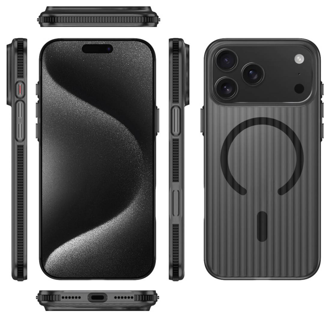 Mehrere Ansichten eines schwarzen Smartphone-Schutzkastens mit erhöhten Kanten und einem MagSafe-ähnlichen kreisförmigen Griff-/Ladesymbol, gezeigt von vorne, hinten, von der Seite, von oben und von unten.