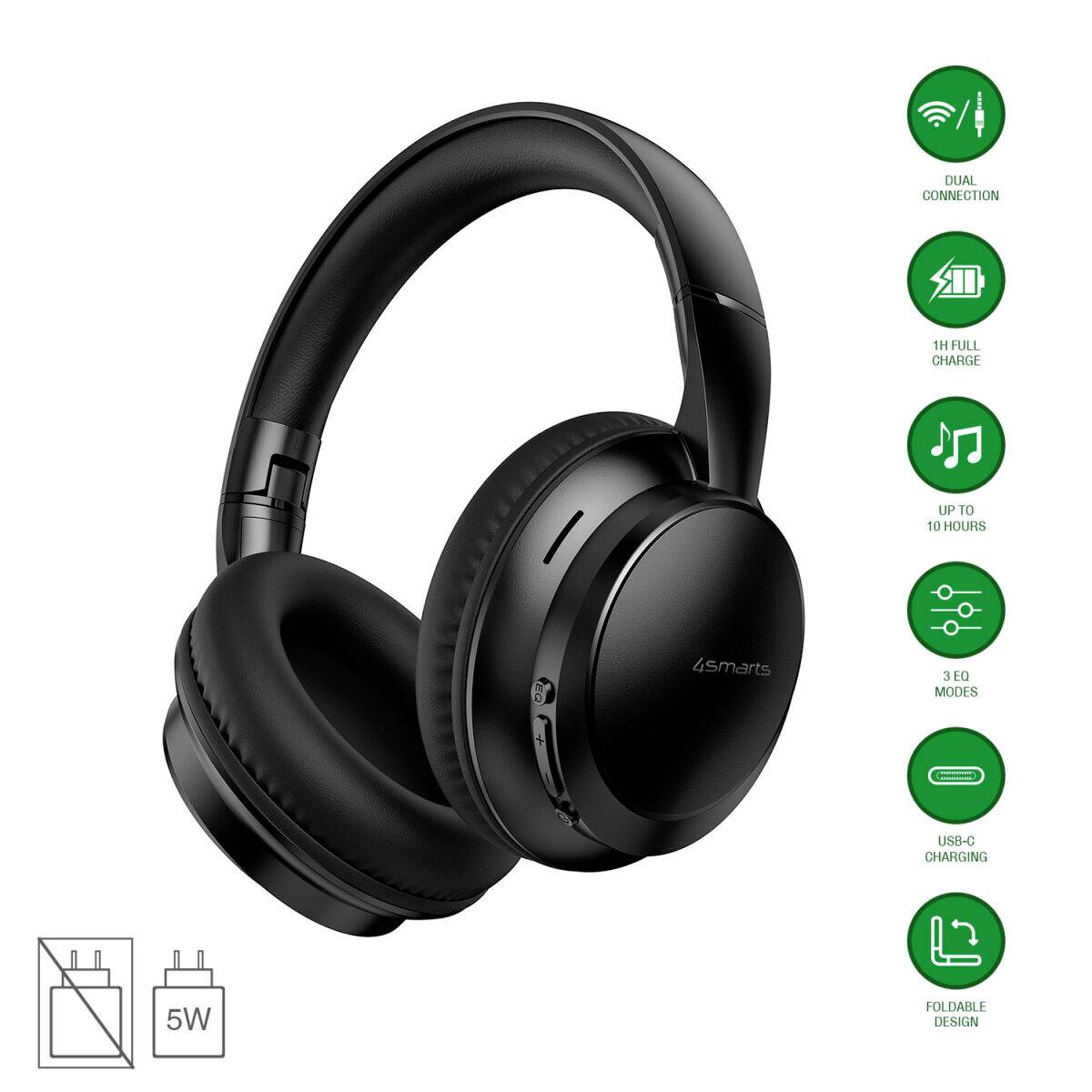 Schwarze kabellose Over-Ear-Kopfhörer mit Callout-Symbolen, die Dualverbindung, einstündiges vollständiges Aufladen, bis zu 10 Stunden Akkulaufzeit, 3 EQ-Modi, USB-C-Laden und faltbares Design zeigen; 5-W-Adapter nicht enthalten.