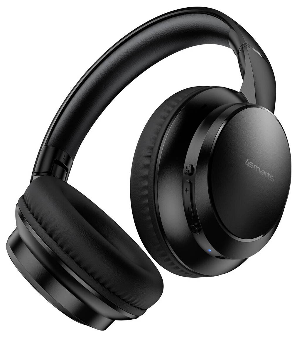 Schwarze Over-Ear-Kopfhörer mit Wireless-Funktion, gepolsterten Ohrmuscheln und einer integrierten Steuerungsschaltfläche an der rechten Ohrmuschel.