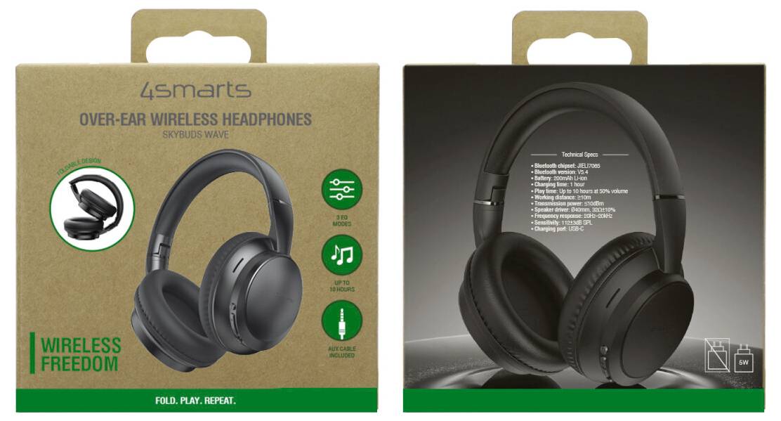 Einzelhandelverpackung für 4smarts Over-Ear-Wireless-Kopfhörer mit Anzeige des Kopfhörers und Produktmerkmalen wie kabellose Freiheit und Falten, Abspielen, Wiederholen.