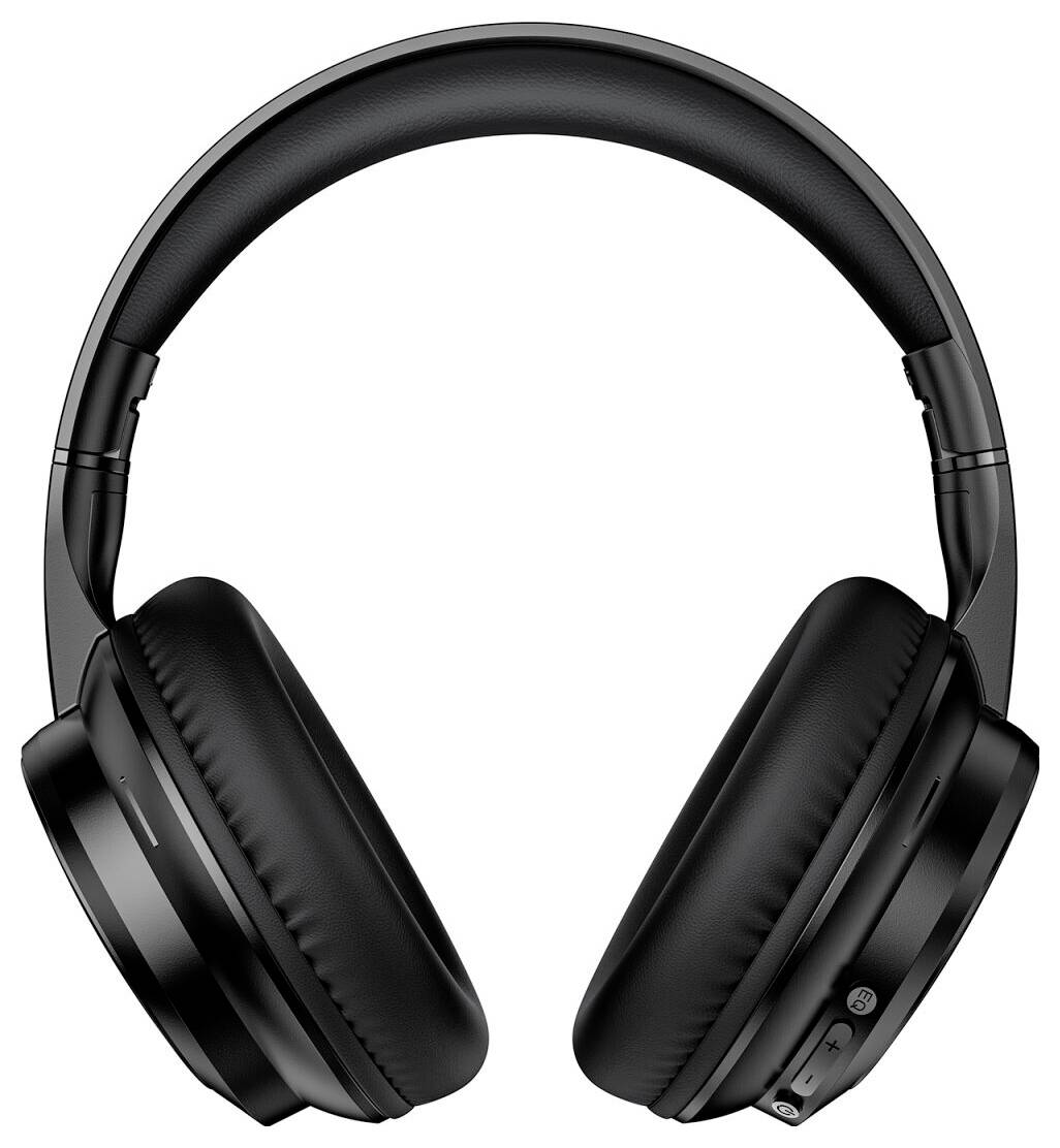 Schwarze Over-Ear-Kopfhörer mit Wireless-Funktion auf weißem Hintergrund, Vorderansicht.