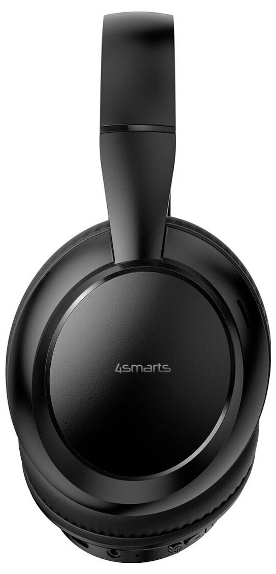 Schwarze Over-Ear-Kopfhörer mit gepolstertem Kopfbügel, Frontansicht auf weißem Hintergrund, mit "4smarts"-Logo auf der Ohrmuschel.