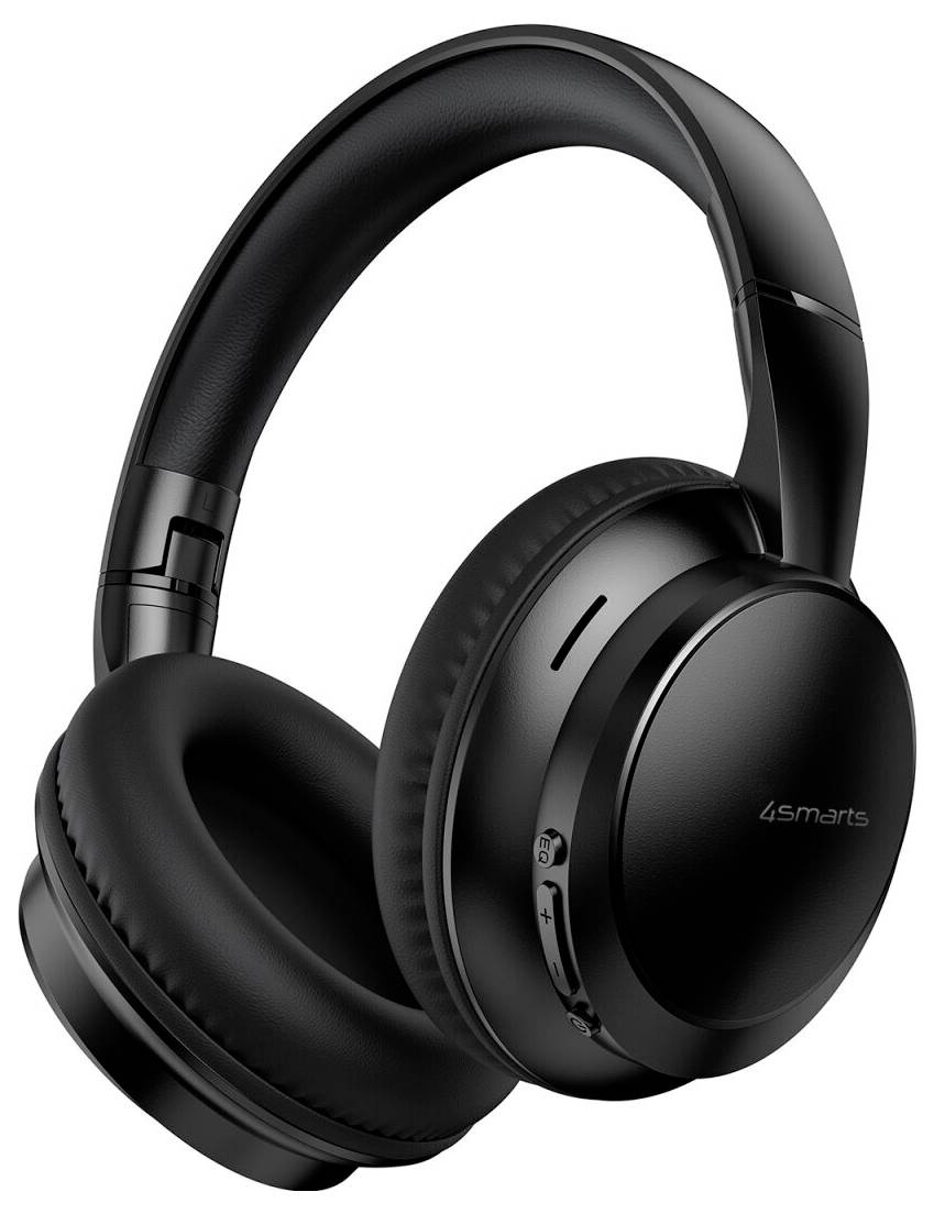 Schwarze Over-Ear-Wireless-Kopfhörer auf weißem Hintergrund gezeigt, in einem Winkel angeordnet, um das gepolsterte Kopfband und die Ohrmuscheln zur Geltung zu bringen.
