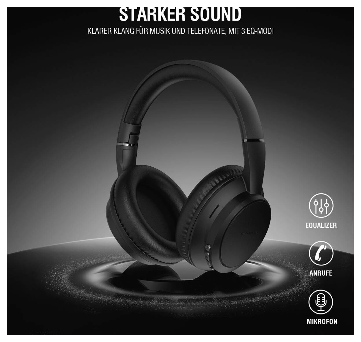 Schwarze Over-Ear-Kopfhörer mit dem Text „Starker Sound"; zeigt 3 EQ-Modi, Equalizer-, Anrufe- und Mikrofon-Symbole.