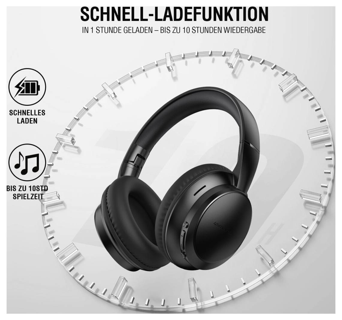Schwarze Over-Ear-Kopfhörer mit deutschem Promo-Text: 'SCHNELL-LADEFUNKTION', 'IN 1 STUNDE GELADEN – BIS ZU 10 STUNDEN WIEDERGABE', 'SCHNELLES LADEN', 'BIS ZU 10STD SPIELZEIT'.