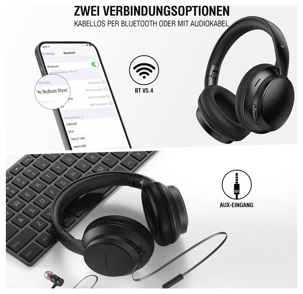 Kabellose Over-Ear-Kopfhörer mit zwei Verbindungsoptionen: Bluetooth 5.4 oder kabelgebundener AUX-Eingang, dargestellt mit Telefon, Laptop und Kabel.