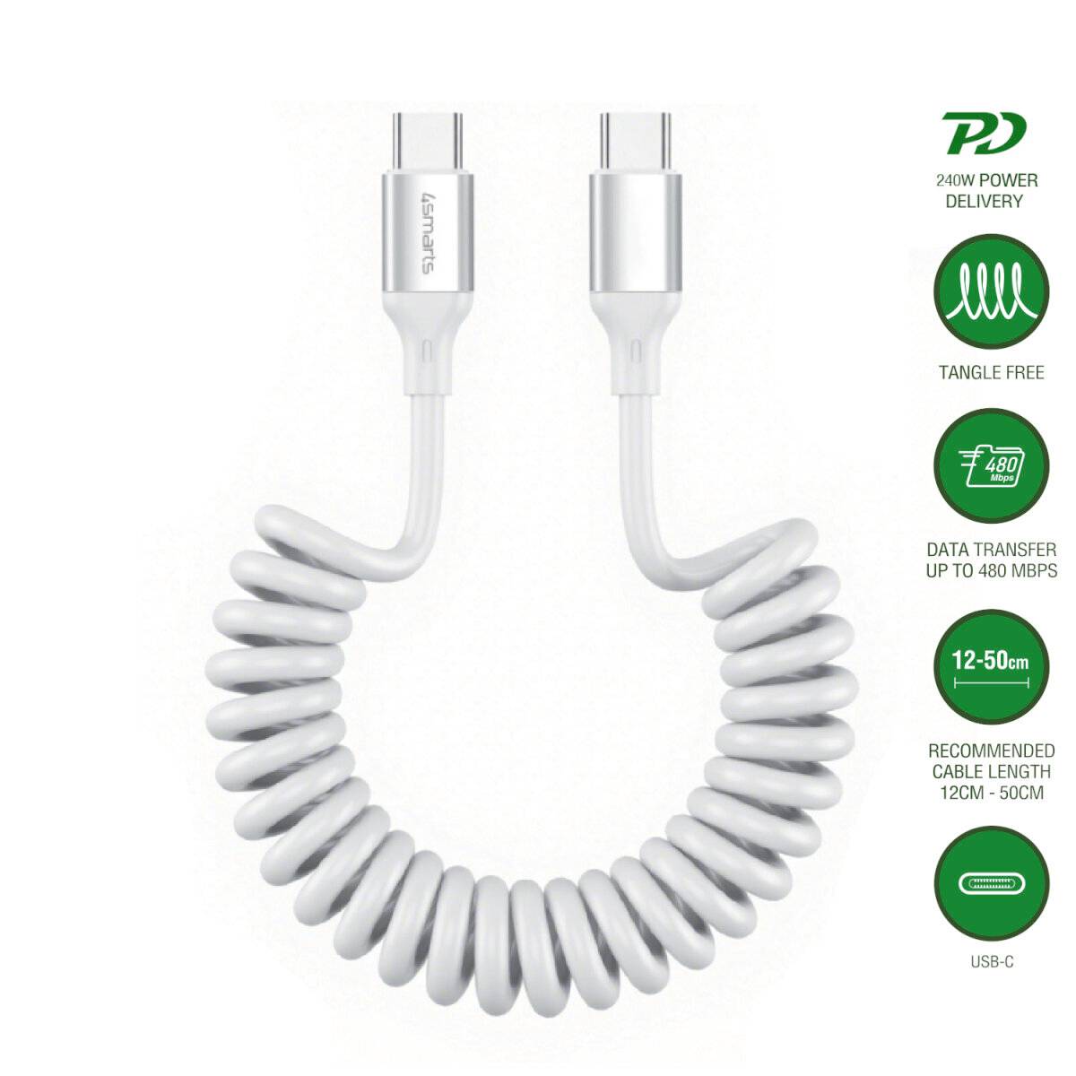 Weißes aufgerolltes USB-C-Ladekabel mit 240W Stromlieferung, verwicklungsfreiem Design, 480 Mbps Datenübertragung und 12-50 cm Längensymbolen.