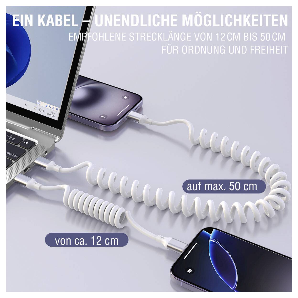 Werbegrafikdarstellung zeigend aufgerollte Ladekabel, die einen Laptop und zwei Smartphones verbinden, mit deutschem Text, der eine Kabellänge von 12 cm bis 50 cm empfiehlt.