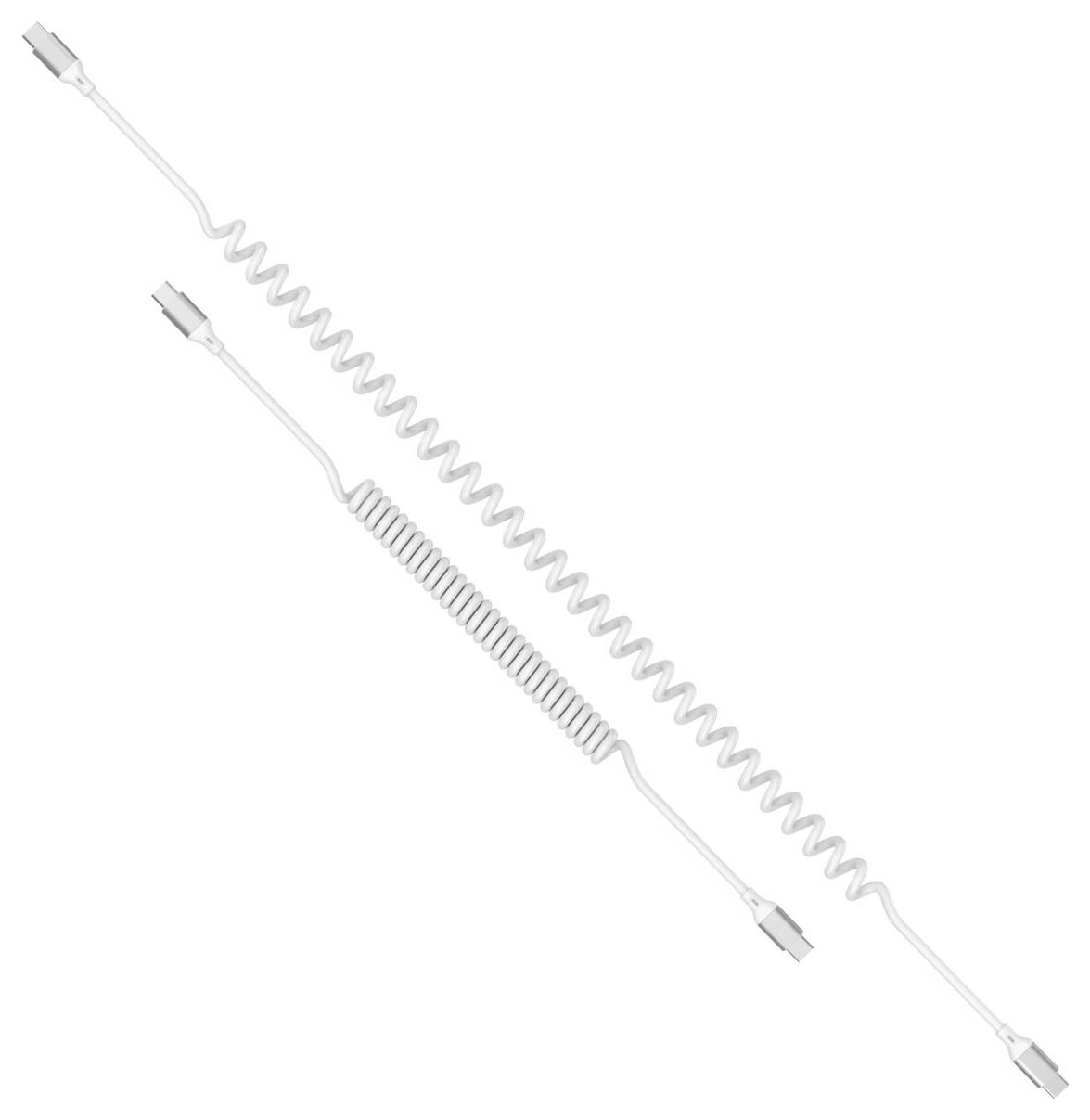 Zwei weiße aufgerollte Ladekabel mit USB-C-Anschlüssen auf einfachem Hintergrund, eines länger und eines kürzer.