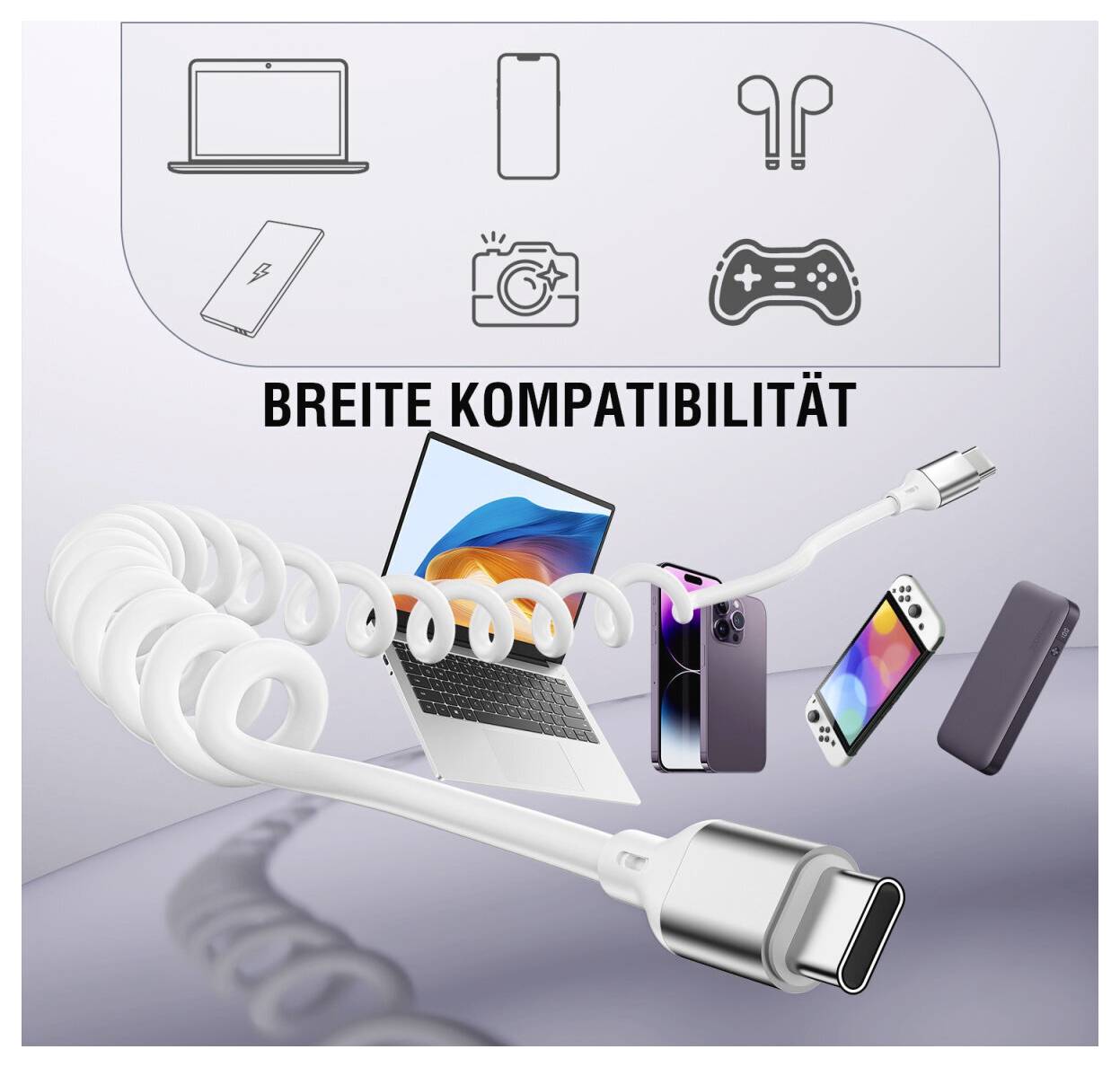USB-C-Spiralkabel mit Adaptern, mit der Kennzeichnung „BREITE KOMPATIBILITÄT