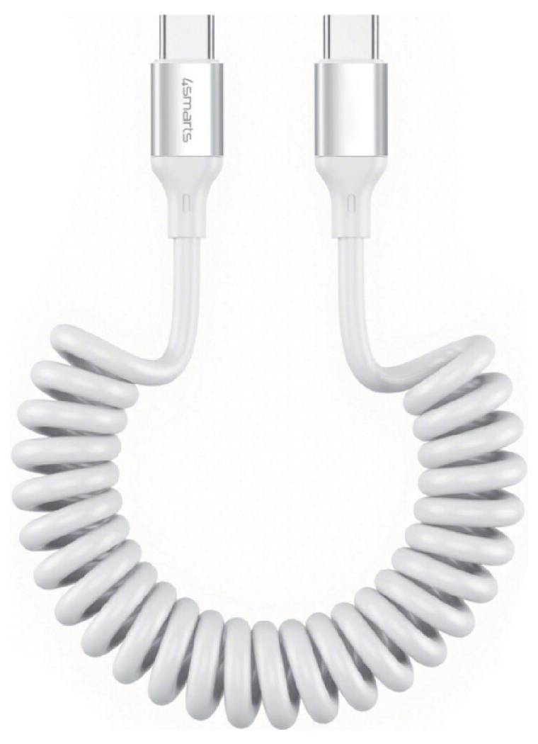 Weiß aufgerolltes USB-Ladekabel mit zwei Anschlüssen, gezeigt vor einem einfachen hellen Hintergrund.