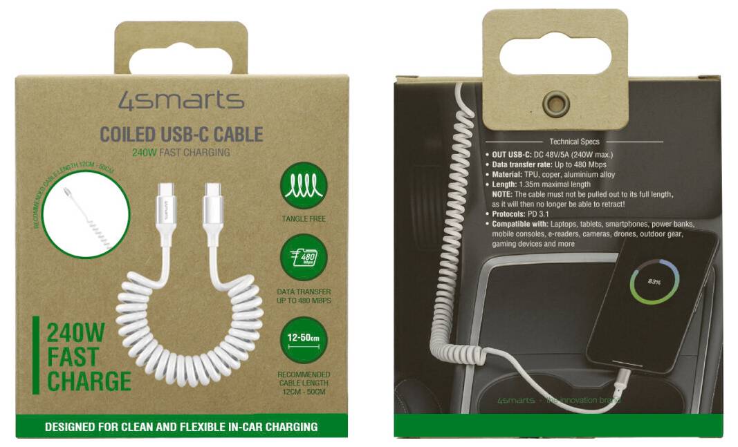 Zwei 4smarts-Spiralkabel im Paket; Vorderseite zeigt weißes 240W-Schnellladekabel, Rückseite zeigt technische Spezifikationen und Gerätekompatibilität.